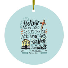 DistinctInk® Hanging Ceramic Christmas Tree Ornament with Gold String - Great Gift / Present - 2 3/4 inch Diameter - Acts 16:31 - Believe in the Lord Jesus Christ
