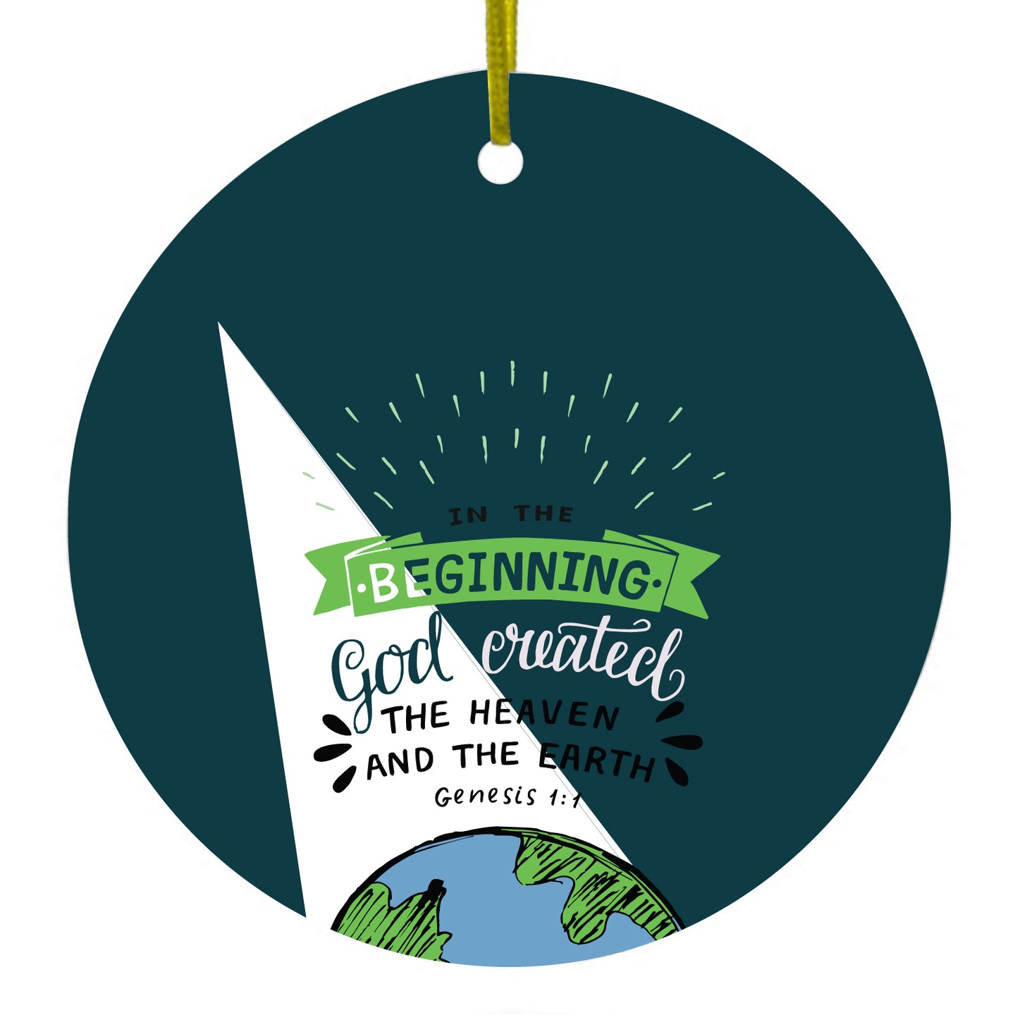 DistinctInk® Hanging Ceramic Christmas Tree Ornament with Gold String - Great Gift / Present - 2 3/4 inch Diameter - Genesis 1:1 - God Created the Heaven & the Earth