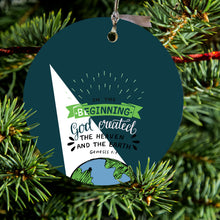 DistinctInk® Hanging Ceramic Christmas Tree Ornament with Gold String - Great Gift / Present - 2 3/4 inch Diameter - Genesis 1:1 - God Created the Heaven & the Earth