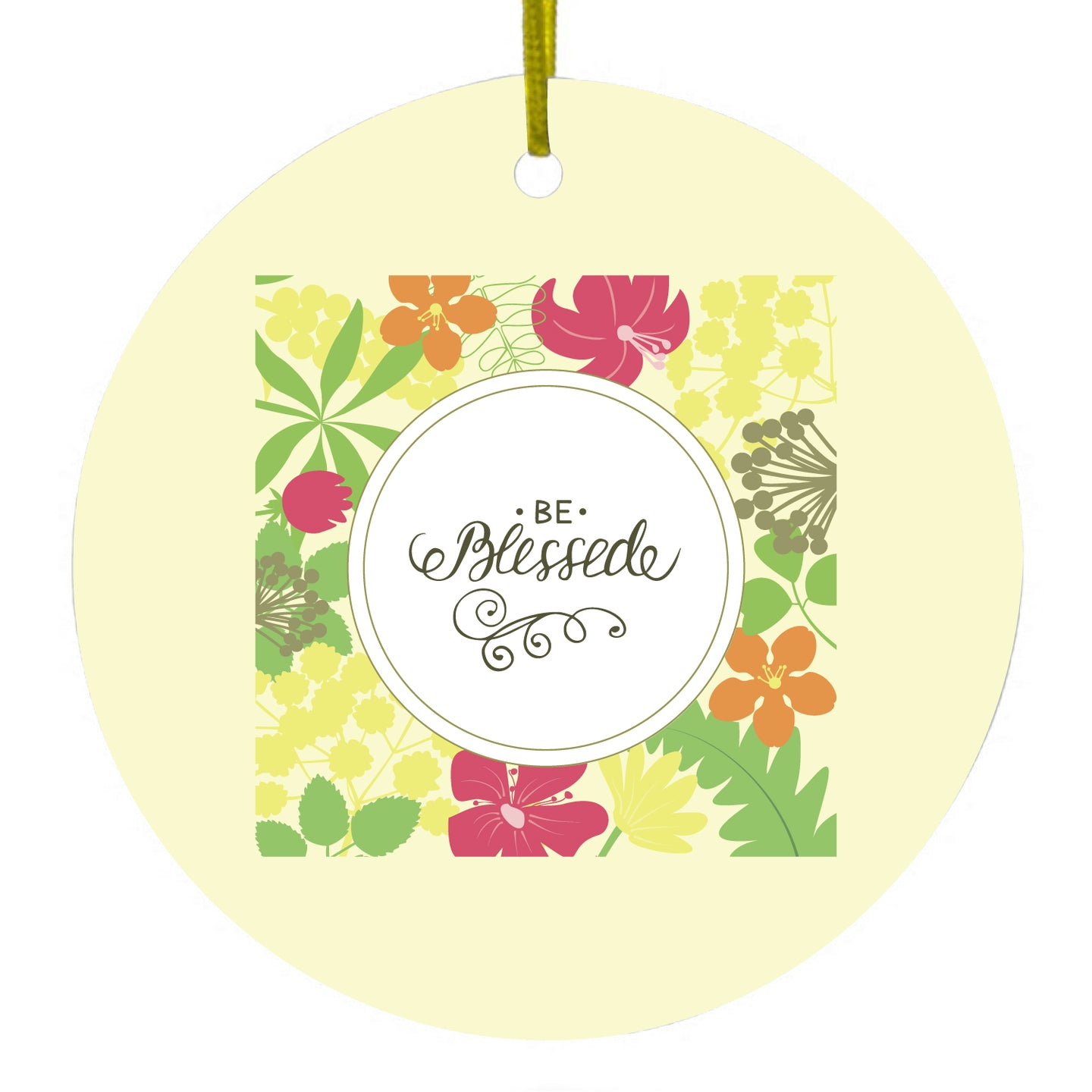 DistinctInk® Hanging Ceramic Christmas Tree Ornament with Gold String - Great Gift / Present - 2 3/4 inch Diameter - Be Blessed - Floral Pattern Yellow