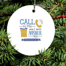 DistinctInk® Hanging Ceramic Christmas Tree Ornament with Gold String - Great Gift / Present - 2 3/4 inch Diameter - Jeremiah 33:3 - Call to Me and I Will Answer