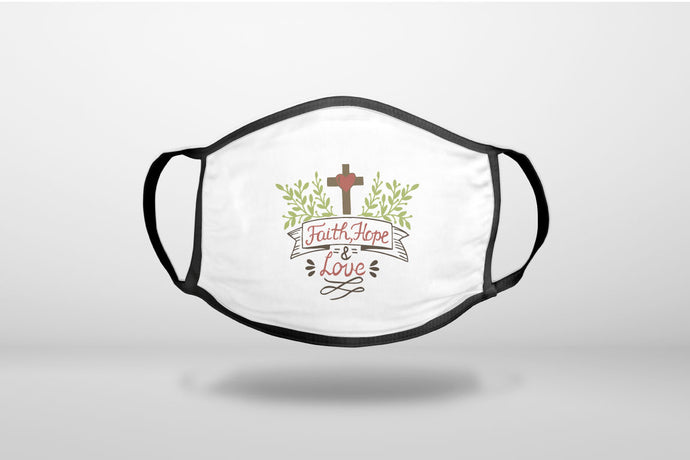 Faith, Hope & Love  - Cross & Leaves - 3-Ply Reusable Soft Face Mask Covering, Unisex, Cotton Inner Layer