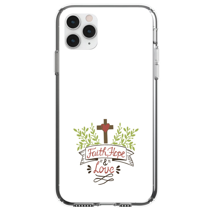 DistinctInk® Clear Shockproof Hybrid Case for Apple iPhone / Samsung Galaxy / Google Pixel - Faith, Hope & Love  - Cross & Leaves