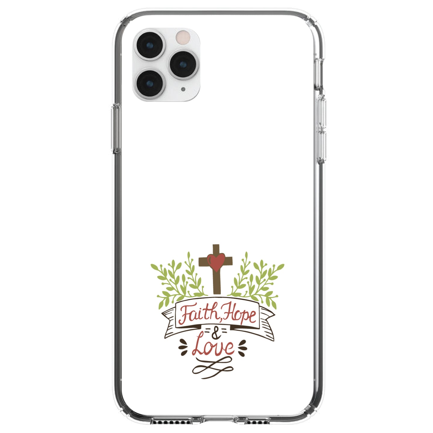 DistinctInk® Clear Shockproof Hybrid Case for Apple iPhone / Samsung Galaxy / Google Pixel - Faith, Hope & Love  - Cross & Leaves
