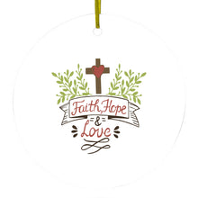 DistinctInk® Hanging Ceramic Christmas Tree Ornament with Gold String - Great Gift / Present - 2 3/4 inch Diameter - Faith, Hope & Love  - Cross & Leaves