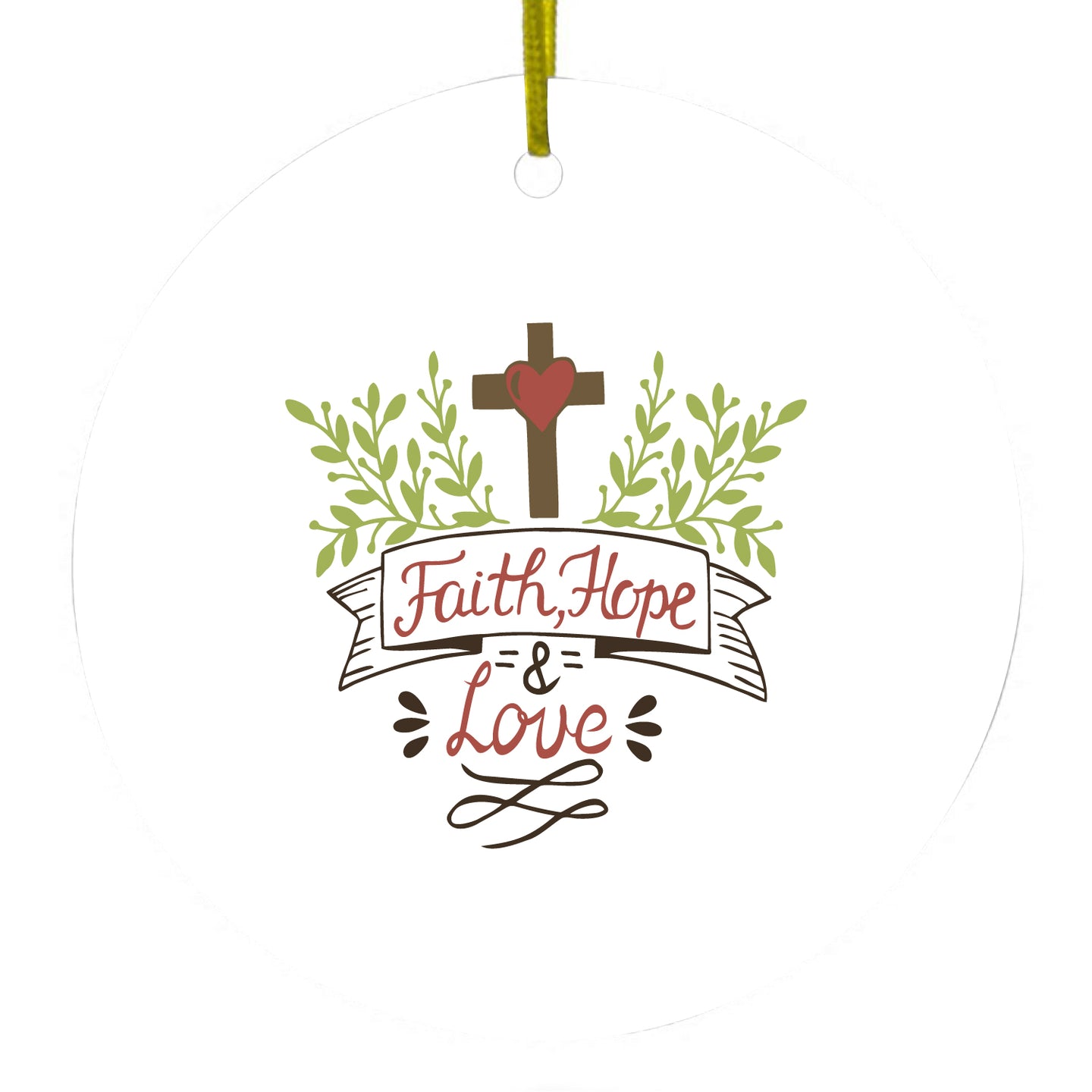 DistinctInk® Hanging Ceramic Christmas Tree Ornament with Gold String - Great Gift / Present - 2 3/4 inch Diameter - Faith, Hope & Love  - Cross & Leaves