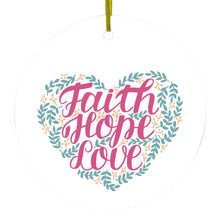DistinctInk® Hanging Ceramic Christmas Tree Ornament with Gold String - Great Gift / Present - 2 3/4 inch Diameter - Faith / Hope / Love - Floral