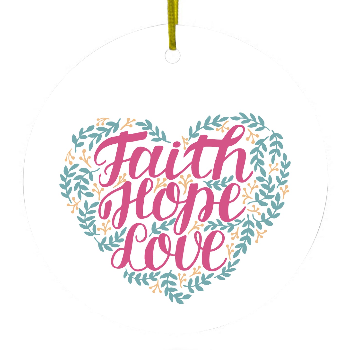 DistinctInk® Hanging Ceramic Christmas Tree Ornament with Gold String - Great Gift / Present - 2 3/4 inch Diameter - Faith / Hope / Love - Floral