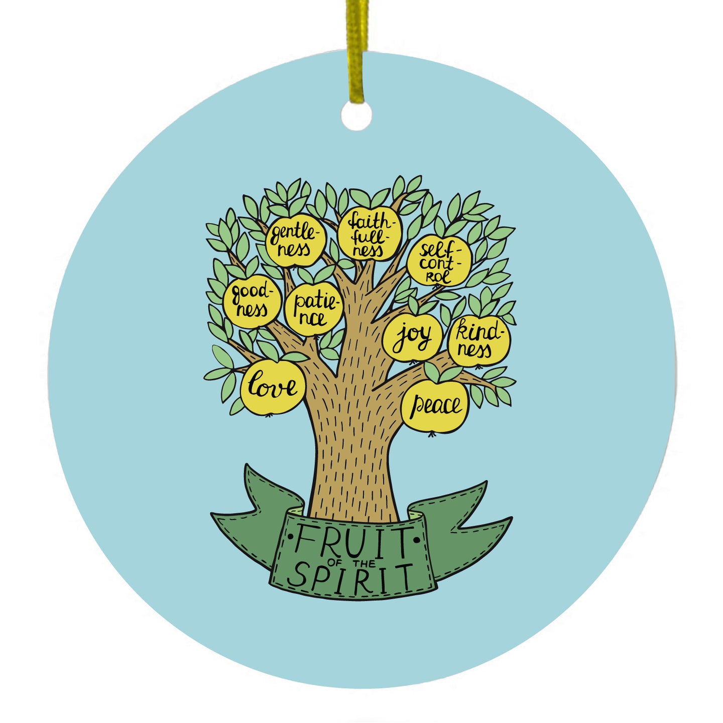 DistinctInk® Hanging Ceramic Christmas Tree Ornament with Gold String - Great Gift / Present - 2 3/4 inch Diameter - Fruit of the Spirith - Tree - Yellow Teal