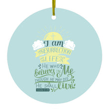 DistinctInk® Hanging Ceramic Christmas Tree Ornament with Gold String - Great Gift / Present - 2 3/4 inch Diameter - John 11:25 - I am the Resurrection and the Life