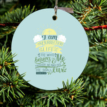 DistinctInk® Hanging Ceramic Christmas Tree Ornament with Gold String - Great Gift / Present - 2 3/4 inch Diameter - John 11:25 - I am the Resurrection and the Life