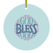 DistinctInk® Hanging Ceramic Christmas Tree Ornament with Gold String - Great Gift / Present - 2 3/4 inch Diameter - God Bless You - Circle Floral