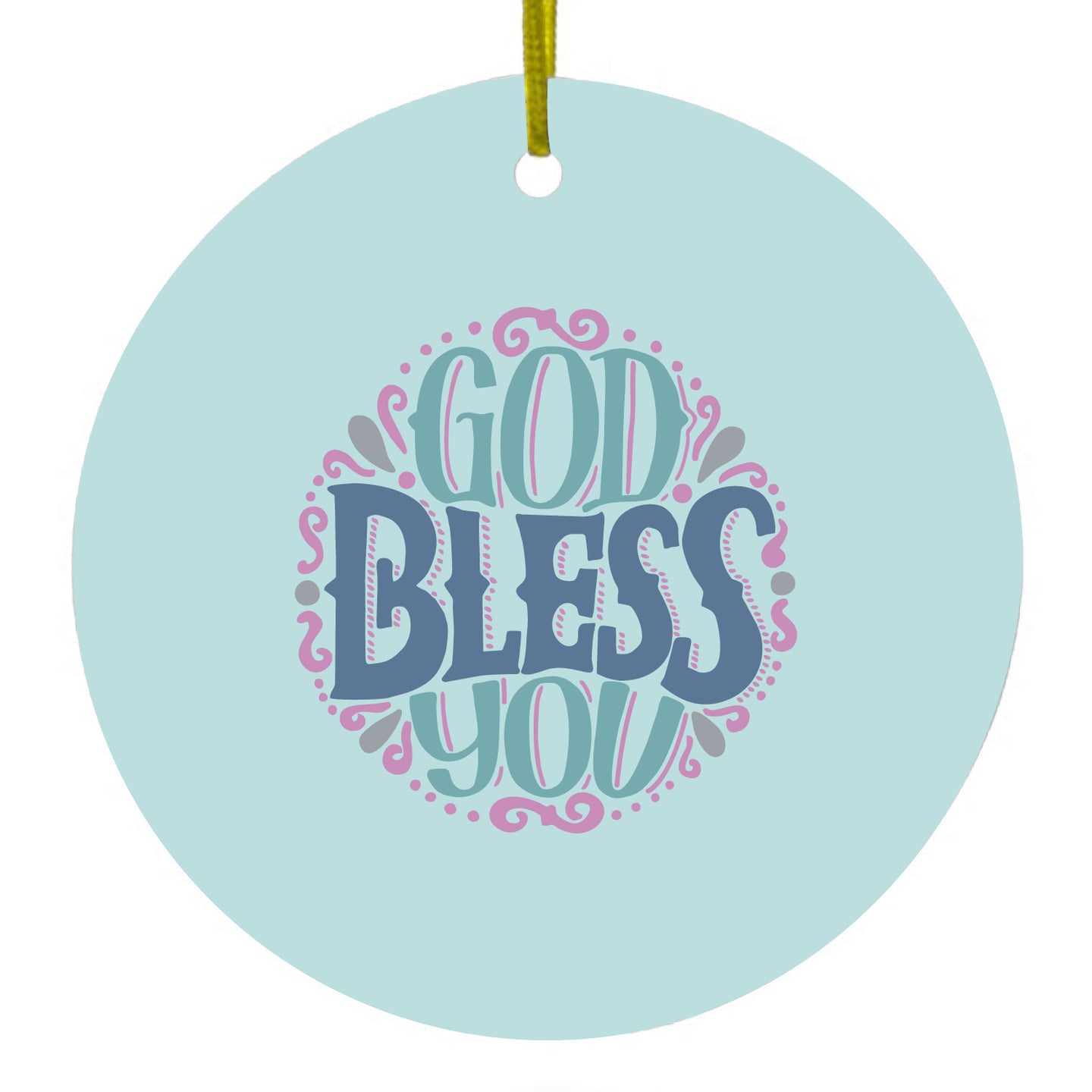 DistinctInk® Hanging Ceramic Christmas Tree Ornament with Gold String - Great Gift / Present - 2 3/4 inch Diameter - God Bless You - Circle Floral