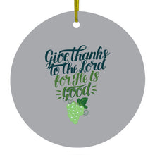DistinctInk® Hanging Ceramic Christmas Tree Ornament with Gold String - Great Gift / Present - 2 3/4 inch Diameter - Give Thanks to the Lord For He Is Good - Grapes