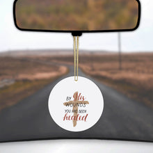 DistinctInk® Hanging Ceramic Christmas Tree Ornament with Gold String - Great Gift / Present - 2 3/4 inch Diameter - By His Wounds You Has Been Healed - Cross