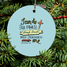 DistinctInk® Hanging Ceramic Christmas Tree Ornament with Gold String - Great Gift / Present - 2 3/4 inch Diameter - Philippians 4:13 - I can do everything through Christ