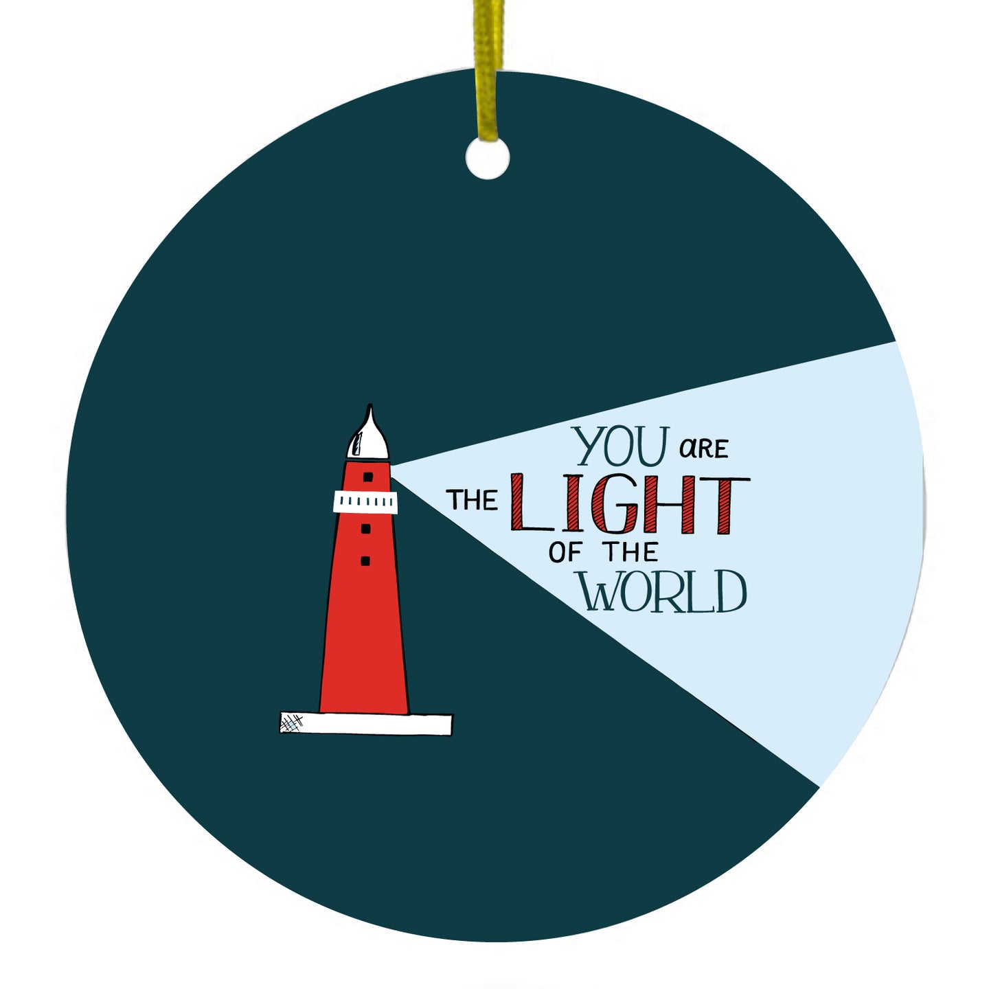 DistinctInk® Hanging Ceramic Christmas Tree Ornament with Gold String - Great Gift / Present - 2 3/4 inch Diameter - You Are the Light of the World / Light House