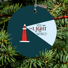DistinctInk® Hanging Ceramic Christmas Tree Ornament with Gold String - Great Gift / Present - 2 3/4 inch Diameter - You Are the Light of the World / Light House