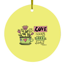 DistinctInk® Hanging Ceramic Christmas Tree Ornament with Gold String - Great Gift / Present - 2 3/4 inch Diameter - Proverbs 10:12 - Love Covers All Sins