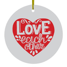 DistinctInk® Hanging Ceramic Christmas Tree Ornament with Gold String - Great Gift / Present - 2 3/4 inch Diameter - Red Heart - Love Each Other