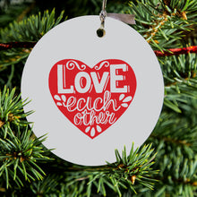 DistinctInk® Hanging Ceramic Christmas Tree Ornament with Gold String - Great Gift / Present - 2 3/4 inch Diameter - Red Heart - Love Each Other