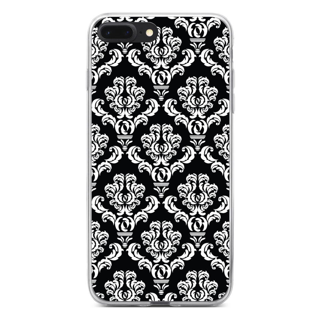 Black White Damask Pattern Clear Shockproof iPhone Case, view 6