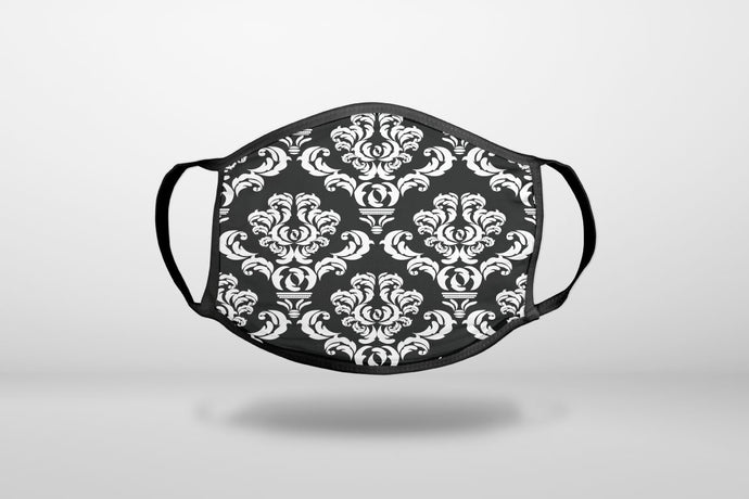 Black White Damask Pattern - 3-Ply Reusable Soft Face Mask Covering, Unisex, Cotton Inner Layer
