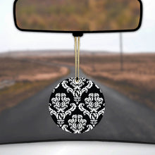 DistinctInk® Hanging Ceramic Christmas Tree Ornament with Gold String - Great Gift / Present - 2 3/4 inch Diameter - Black White Damask Pattern