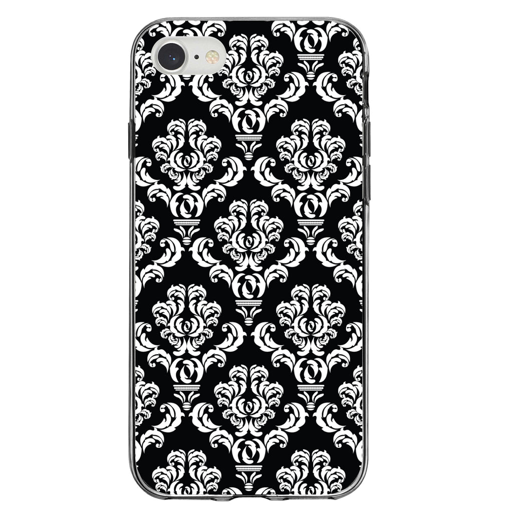 Black White Damask Pattern Clear Shockproof iPhone Case, view 5