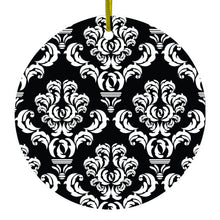 DistinctInk® Hanging Ceramic Christmas Tree Ornament with Gold String - Great Gift / Present - 2 3/4 inch Diameter - Black White Damask Pattern