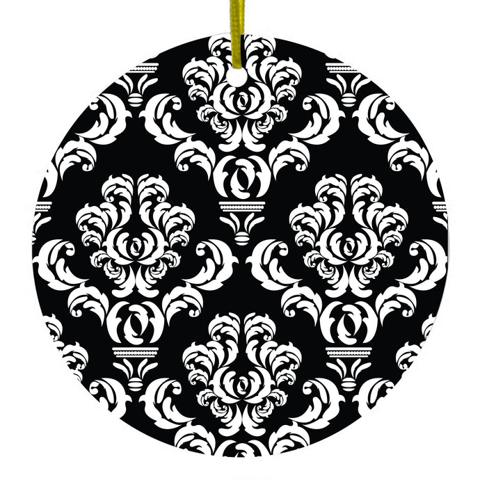Black White Damask Pattern Ceramic Ornament