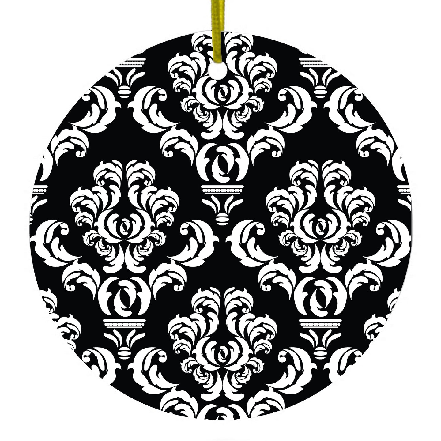 DistinctInk® Hanging Ceramic Christmas Tree Ornament with Gold String - Great Gift / Present - 2 3/4 inch Diameter - Black White Damask Pattern