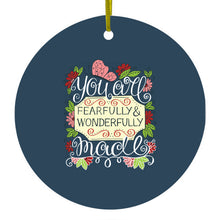 DistinctInk® Hanging Ceramic Christmas Tree Ornament with Gold String - Great Gift / Present - 2 3/4 inch Diameter - You Are Fearfully & Wonderfully Made