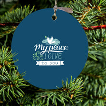 DistinctInk® Hanging Ceramic Christmas Tree Ornament with Gold String - Great Gift / Present - 2 3/4 inch Diameter - My Peace I Give To You - Dove