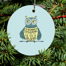 DistinctInk® Hanging Ceramic Christmas Tree Ornament with Gold String - Great Gift / Present - 2 3/4 inch Diameter - Proverbs 9:10 - Beginning of Wisdom is Fear of Lord