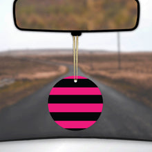 DistinctInk® Hanging Ceramic Christmas Tree Ornament with Gold String - Great Gift / Present - 2 3/4 inch Diameter - Black & Pink Bold Horizontal Stripes