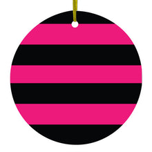 DistinctInk® Hanging Ceramic Christmas Tree Ornament with Gold String - Great Gift / Present - 2 3/4 inch Diameter - Black & Pink Bold Horizontal Stripes
