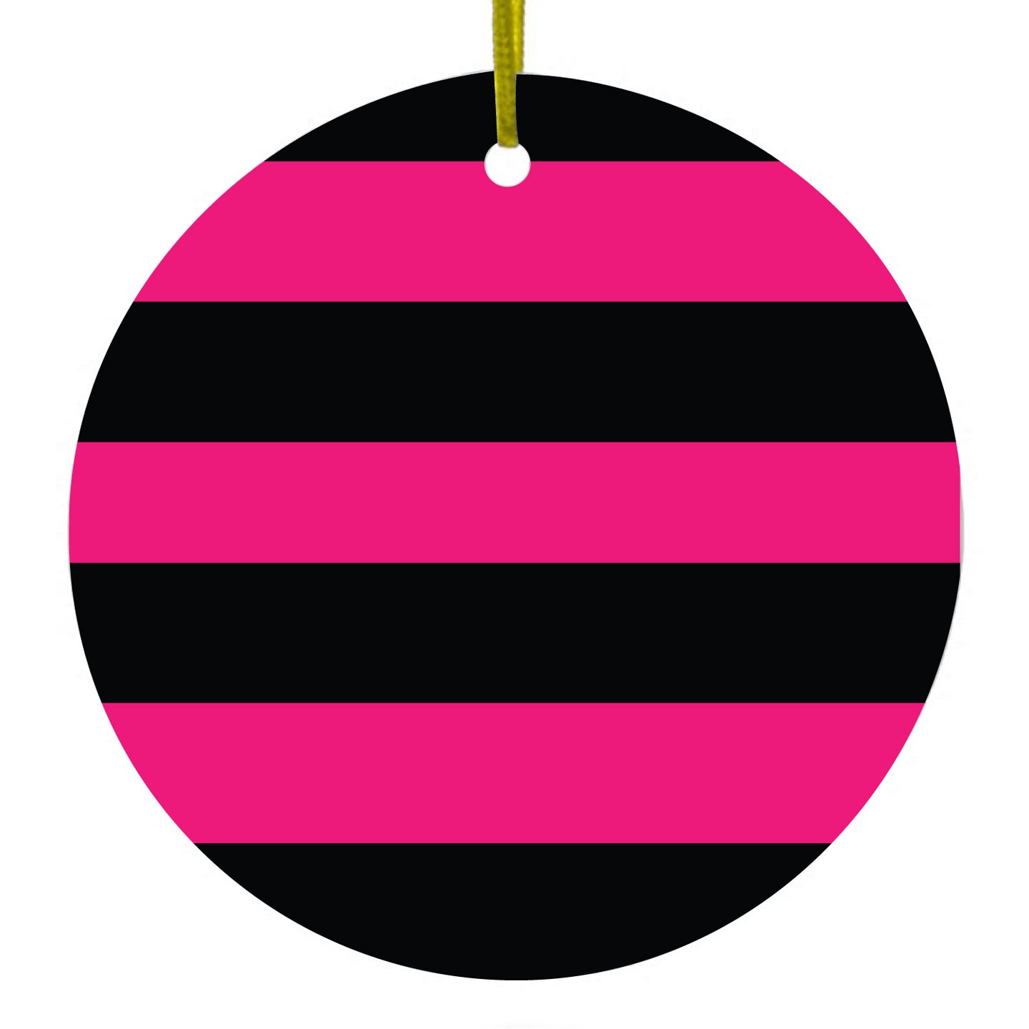 DistinctInk® Hanging Ceramic Christmas Tree Ornament with Gold String - Great Gift / Present - 2 3/4 inch Diameter - Black & Pink Bold Horizontal Stripes