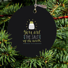 DistinctInk® Hanging Ceramic Christmas Tree Ornament with Gold String - Great Gift / Present - 2 3/4 inch Diameter - You Are the Salt of the Earth - Black Yellow