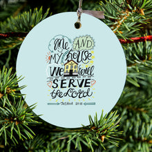 DistinctInk® Hanging Ceramic Christmas Tree Ornament with Gold String - Great Gift / Present - 2 3/4 inch Diameter - Joshua 24:15 - We Will Serve the Lord