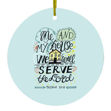 DistinctInk® Hanging Ceramic Christmas Tree Ornament with Gold String - Great Gift / Present - 2 3/4 inch Diameter - Joshua 24:15 - We Will Serve the Lord