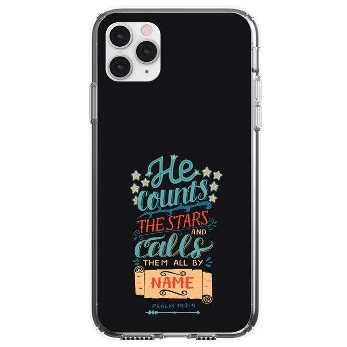 DistinctInk® Clear Shockproof Hybrid Case for Apple iPhone / Samsung Galaxy / Google Pixel - Psalm 147:4 - He Counts the Stars Calls Them By Name