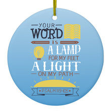 DistinctInk® Hanging Ceramic Christmas Tree Ornament with Gold String - Great Gift / Present - 2 3/4 inch Diameter - Psalm 119:105 - World is a Lamp, A Light on My Path