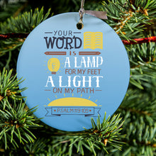DistinctInk® Hanging Ceramic Christmas Tree Ornament with Gold String - Great Gift / Present - 2 3/4 inch Diameter - Psalm 119:105 - World is a Lamp, A Light on My Path