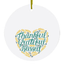 DistinctInk® Hanging Ceramic Christmas Tree Ornament with Gold String - Great Gift / Present - 2 3/4 inch Diameter - Thankful / Grateful / Blessed - Heart Flowers
