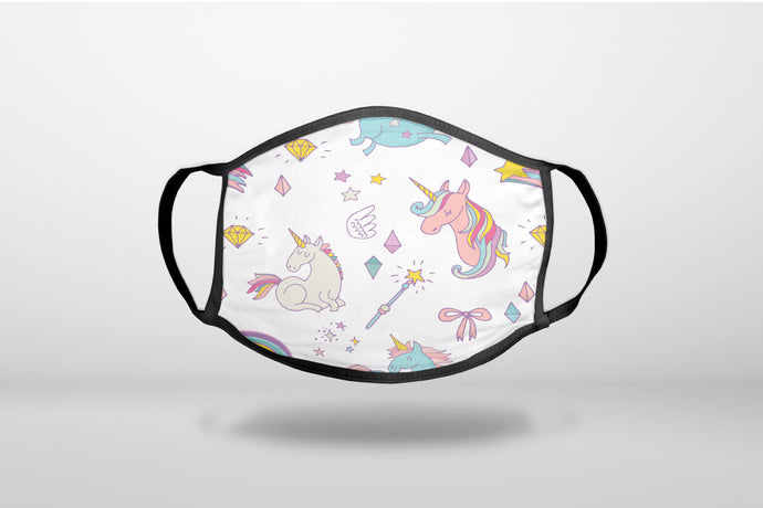 Unicorn Rainbow Wand Pattern - White - 3-Ply Reusable Soft Face Mask Covering, Unisex, Cotton Inner Layer
