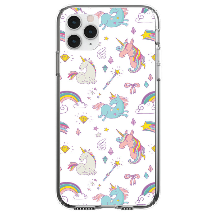 DistinctInk® Clear Shockproof Hybrid Case for Apple iPhone / Samsung Galaxy / Google Pixel - Unicorn Rainbow Wand Pattern - White