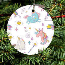 DistinctInk® Hanging Ceramic Christmas Tree Ornament with Gold String - Great Gift / Present - 2 3/4 inch Diameter - Unicorn Rainbow Wand Pattern - White