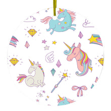 DistinctInk® Hanging Ceramic Christmas Tree Ornament with Gold String - Great Gift / Present - 2 3/4 inch Diameter - Unicorn Rainbow Wand Pattern - White