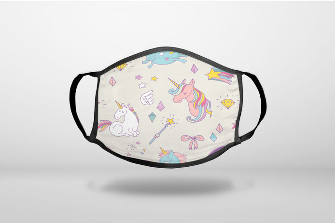 Unicorn Rainbow Wand Pattern - Beige - 3-Ply Reusable Soft Face Mask Covering, Unisex, Cotton Inner Layer